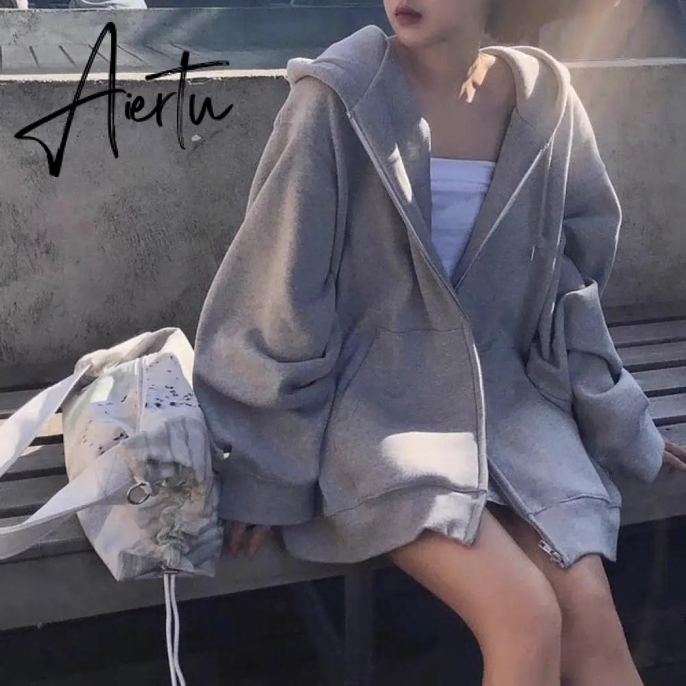 Women Hoodies Harajuku Korean Version Zip Up Loose Oversized Sweatshirts Casual Solid Color Long Sleeve Hooded Sweatshirt Coats Aiertu