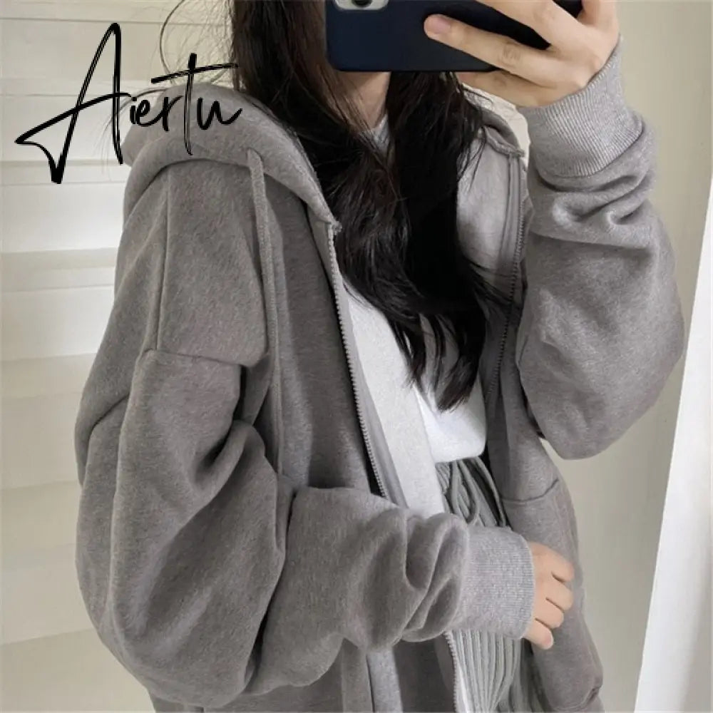 Women Hoodies Harajuku Korean Version Zip Up Loose Oversized Sweatshirts Casual Solid Color Long Sleeve Hooded Sweatshirt Coats Aiertu