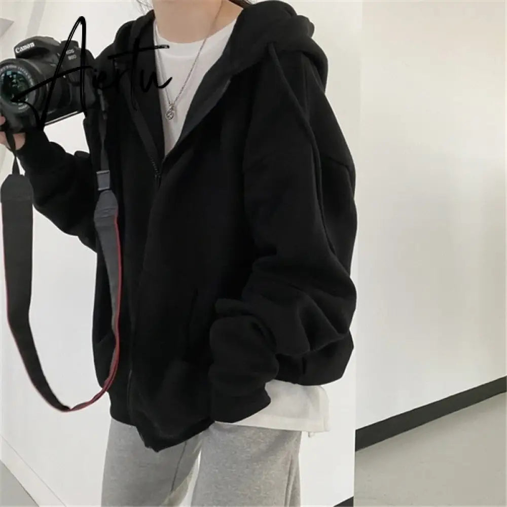 Women Hoodies Harajuku Korean Version Zip Up Loose Oversized Sweatshirts Casual Solid Color Long Sleeve Hooded Sweatshirt Coats Aiertu
