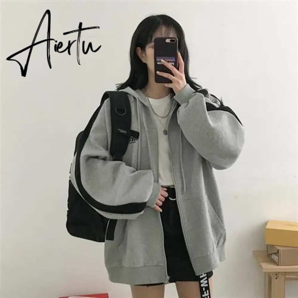 Women Hoodies Harajuku Korean Version Zip Up Loose Oversized Sweatshirts Casual Solid Color Long Sleeve Hooded Sweatshirt Coats Aiertu