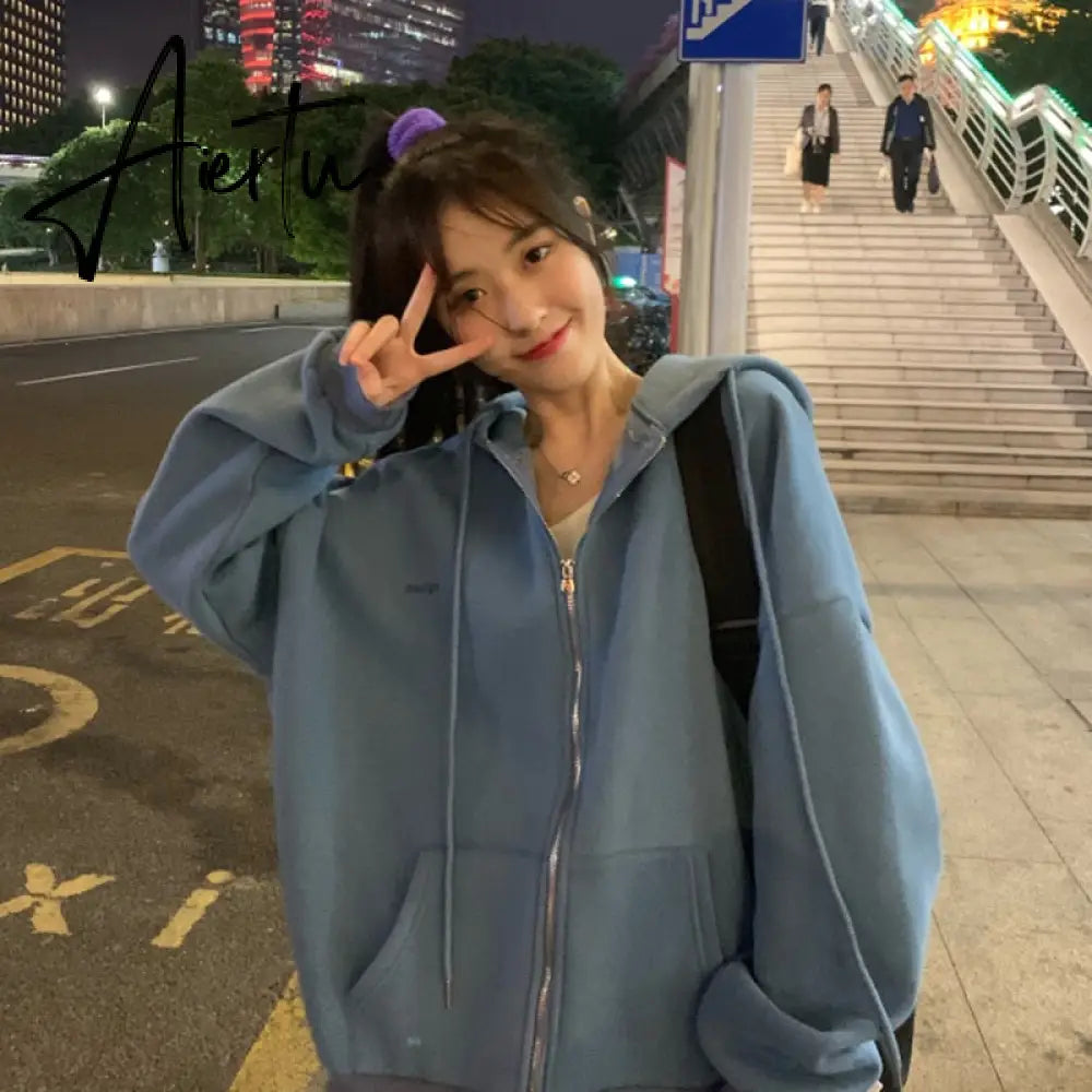 Women Hoodies Harajuku Korean Version Zip Up Loose Oversized Sweatshirts Casual Solid Color Long Sleeve Hooded Sweatshirt Coats Aiertu