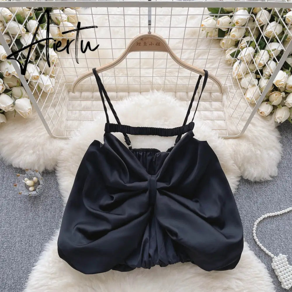 Women Hot Sweet Blended Solid Camis Kawaii Backless Shirring Strap Bow Crop Top Female Streetwear Off Shoulder Elastic Tank Tops Aiertu