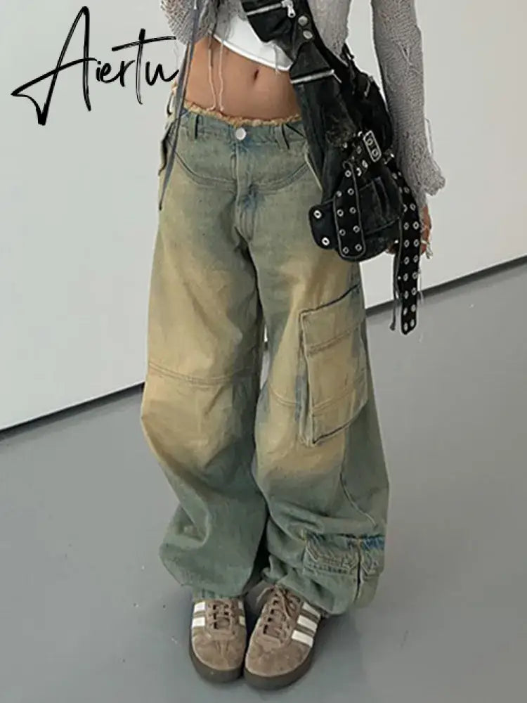 Women Jeans 90s Vintage Baggy Stitching Straight Denim Jeans Y2k Clothing High Waist Loose Long Pants Korean Fashion Streetwear Aiertu