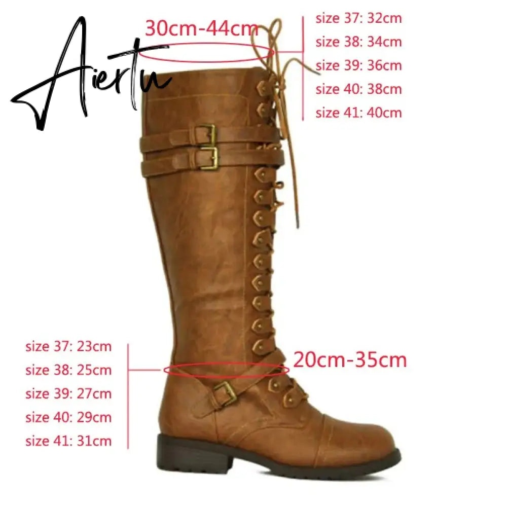 Women Knee high Boots Autumn Winter Lace Up Flat Shoes Sexy Steampunk PU Retro Buckle women shoes Ladies Snow Boots Aiertu