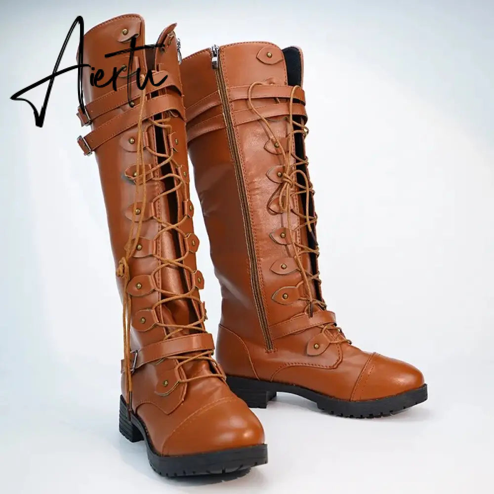 Women Knee high Boots Autumn Winter Lace Up Flat Shoes Sexy Steampunk PU Retro Buckle women shoes Ladies Snow Boots Aiertu