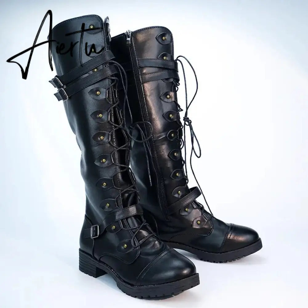 Women Knee high Boots Autumn Winter Lace Up Flat Shoes Sexy Steampunk PU Retro Buckle women shoes Ladies Snow Boots Aiertu