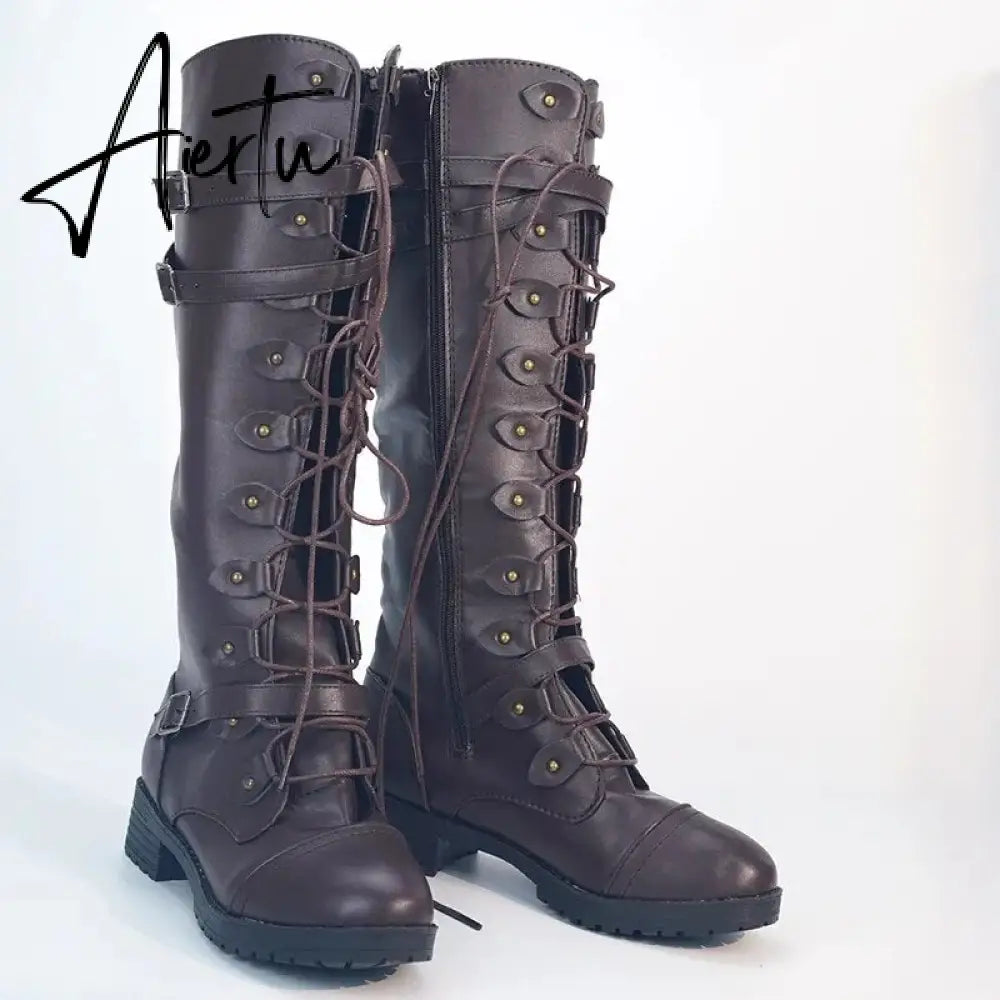 Women Knee high Boots Autumn Winter Lace Up Flat Shoes Sexy Steampunk PU Retro Buckle women shoes Ladies Snow Boots Aiertu