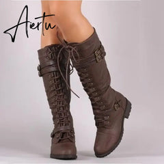 Women Knee high Boots Autumn Winter Lace Up Flat Shoes Sexy Steampunk PU Retro Buckle women shoes Ladies Snow Boots Aiertu