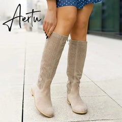 Women Knee High Boots Sexy Suede Winter Designer Luxury Casual Zipper Low Heel Female Shoes Comfortable Elegant Lady Boots Aiertu