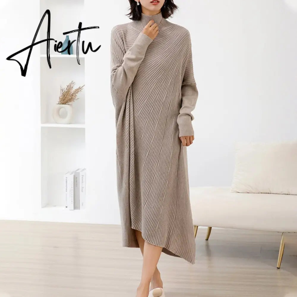 Women L-3XL Large Size Knitted Rib Woolen Dress With Batwing Sleeve For Autumn And Winter Aiertu