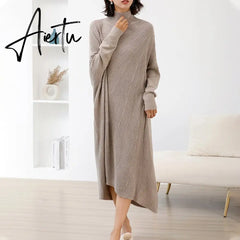 Women L-3XL Large Size Knitted Rib Woolen Dress With Batwing Sleeve For Autumn And Winter Aiertu