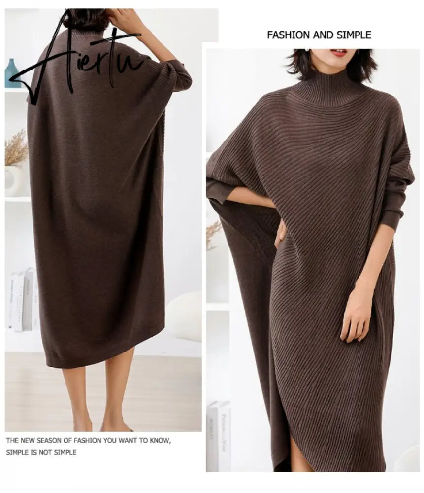 Women L-3XL Large Size Knitted Rib Woolen Dress With Batwing Sleeve For Autumn And Winter Aiertu