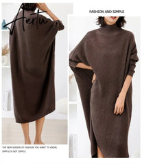 Women L-3XL Large Size Knitted Rib Woolen Dress With Batwing Sleeve For Autumn And Winter Aiertu