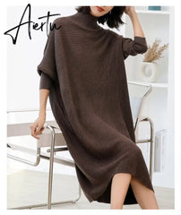 Women L-3XL Large Size Knitted Rib Woolen Dress With Batwing Sleeve For Autumn And Winter Aiertu