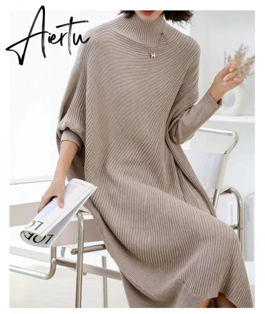 Women L-3XL Large Size Knitted Rib Woolen Dress With Batwing Sleeve For Autumn And Winter Aiertu
