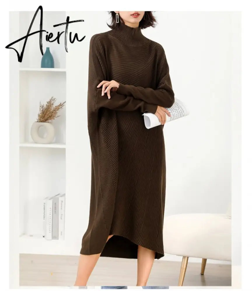 Women L-3XL Large Size Knitted Rib Woolen Dress With Batwing Sleeve For Autumn And Winter Aiertu