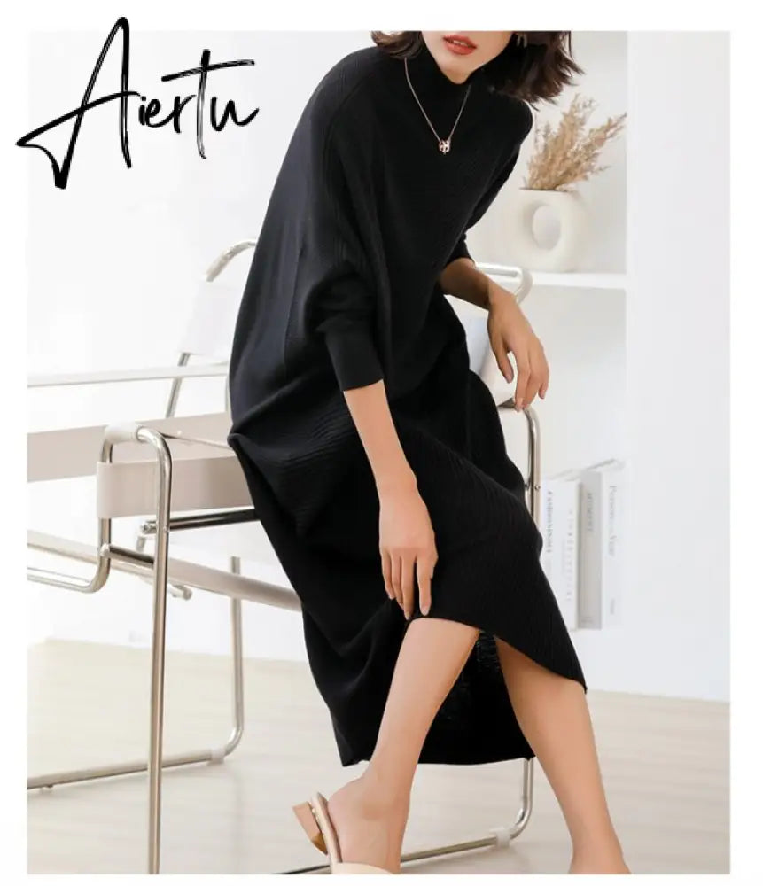 Women L-3XL Large Size Knitted Rib Woolen Dress With Batwing Sleeve For Autumn And Winter Aiertu