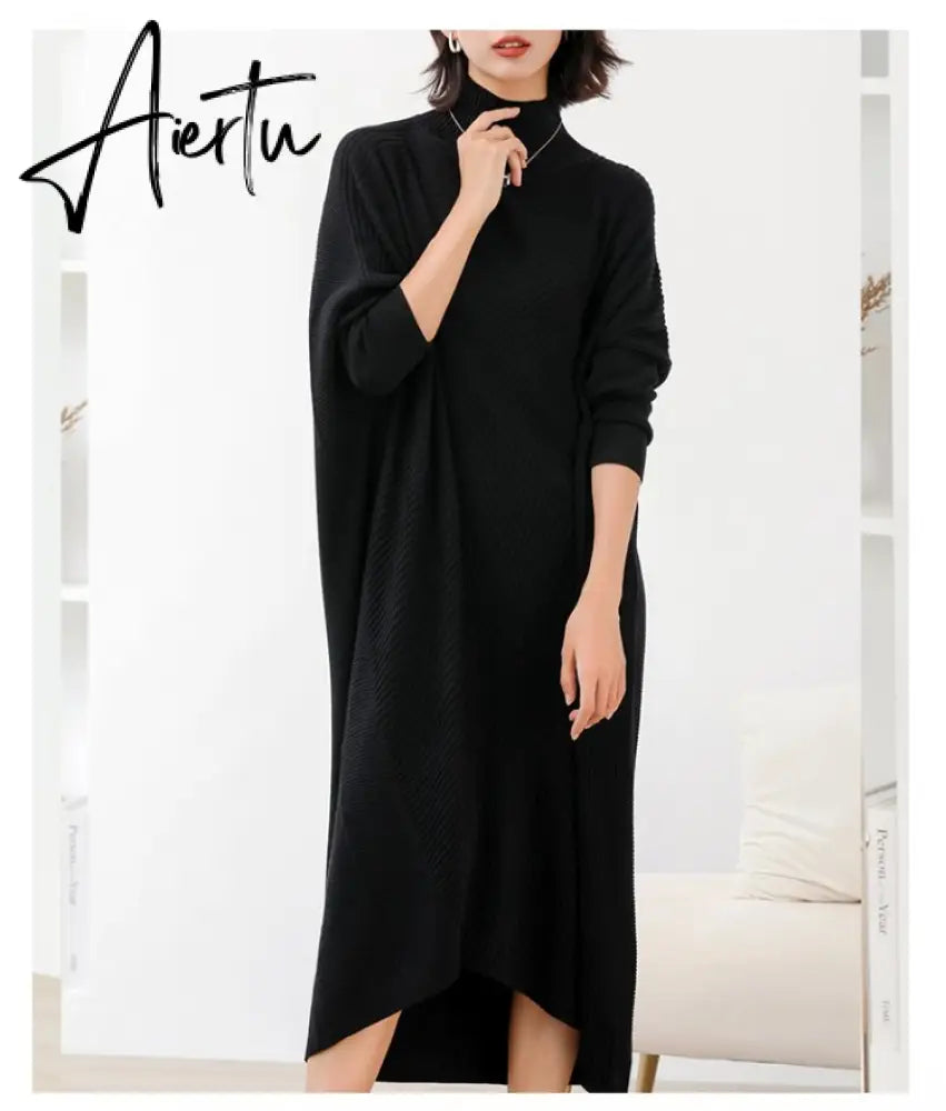 Women L-3XL Large Size Knitted Rib Woolen Dress With Batwing Sleeve For Autumn And Winter Aiertu