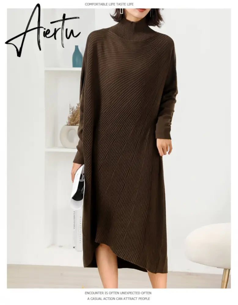 Women L-3XL Large Size Knitted Rib Woolen Dress With Batwing Sleeve For Autumn And Winter Aiertu