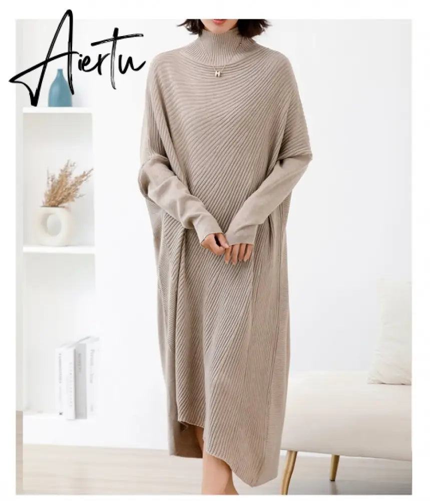 Women L-3XL Large Size Knitted Rib Woolen Dress With Batwing Sleeve For Autumn And Winter Aiertu
