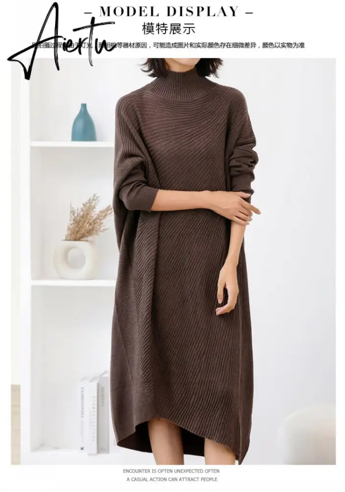 Women L-3XL Large Size Knitted Rib Woolen Dress With Batwing Sleeve For Autumn And Winter Aiertu