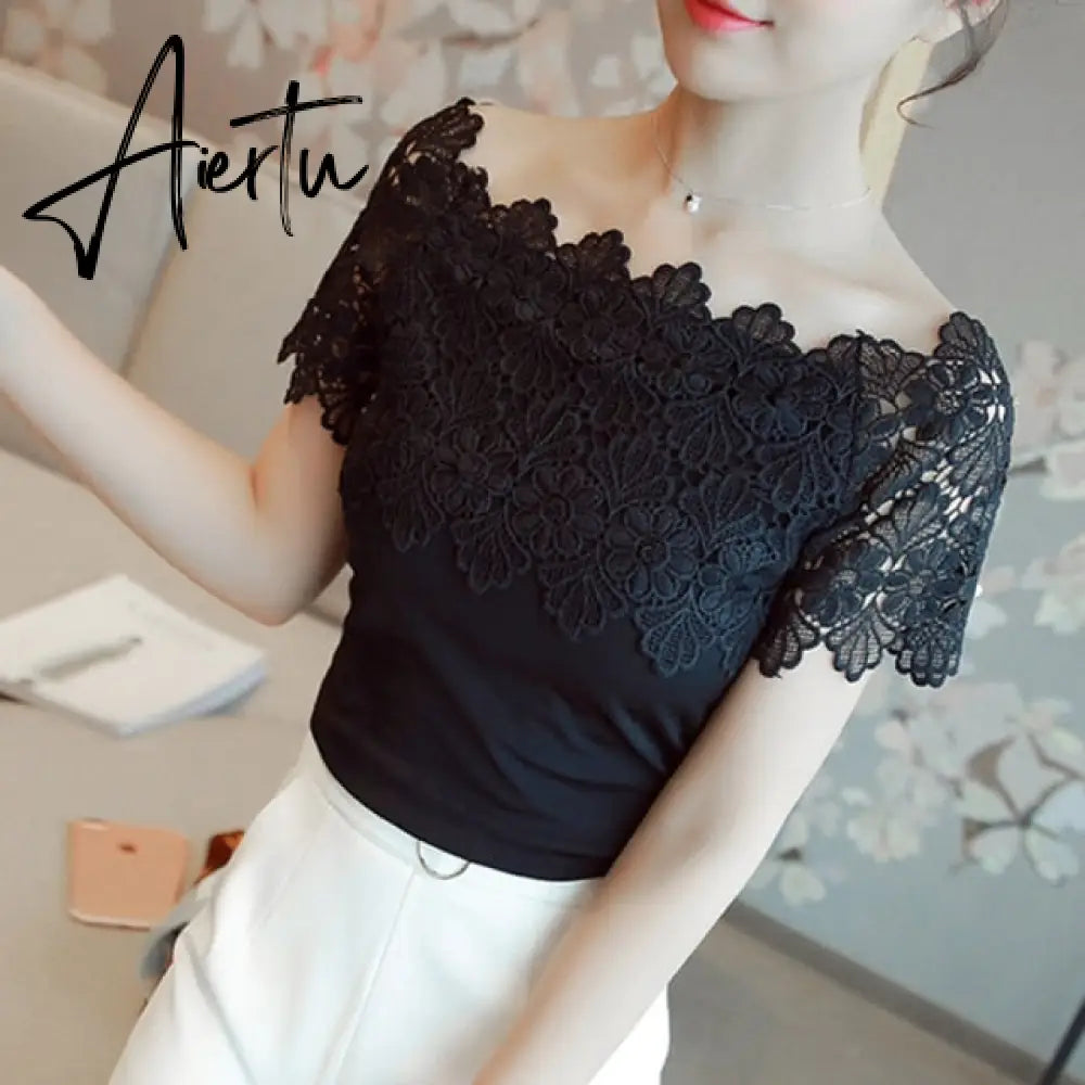 Women Lace Patchwork Blouse Shirt Casual Off Shoulder Top Sexy Short Sleeve White Blouse Ladies Summer Hollow Elegant Blouses Aiertu