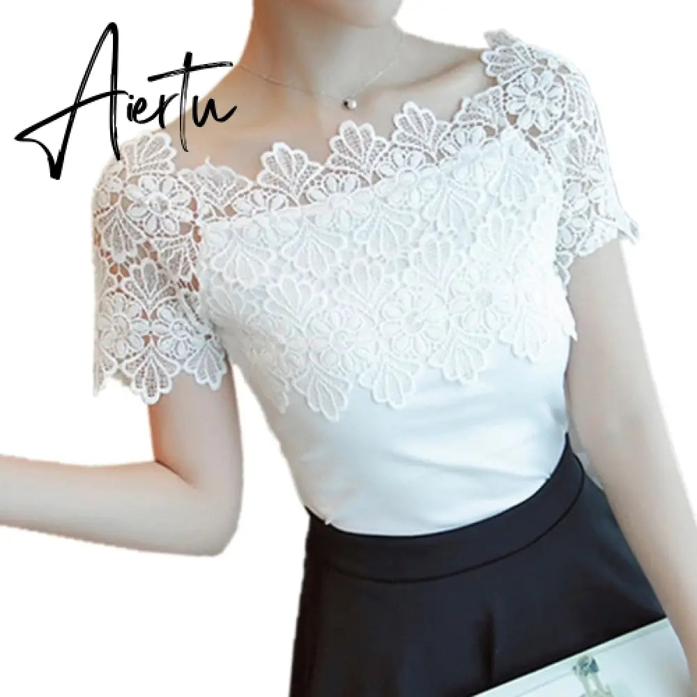 Women Lace Patchwork Blouse Shirt Casual Off Shoulder Top Sexy Short Sleeve White Blouse Ladies Summer Hollow Elegant Blouses Aiertu