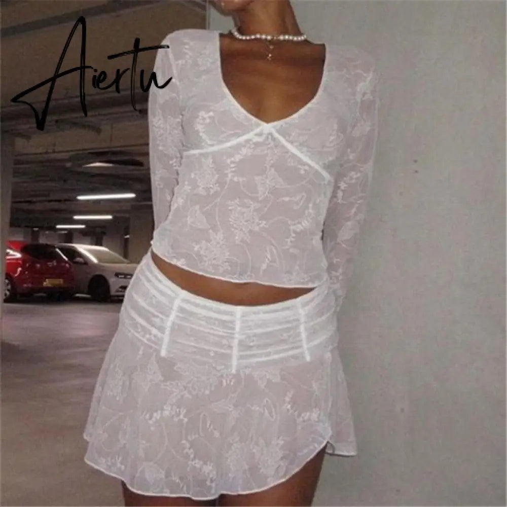 Women Lace Trim 2 Piece Skirt Set Sexy See Through Sleeveless Crop Tops Bodycon Skirt Outfits Summer Skirt Suit Aiertu