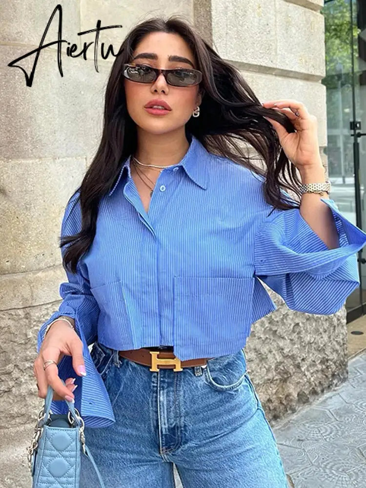 Women Lapel Pocket Short Shirt Elegant Long Sleeve Single Breasted Office Lady Tops  Summer Female Casual Striped Shirts Aiertu