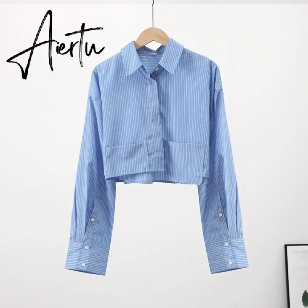 Women Lapel Pocket Short Shirt Elegant Long Sleeve Single Breasted Office Lady Tops  Summer Female Casual Striped Shirts Aiertu