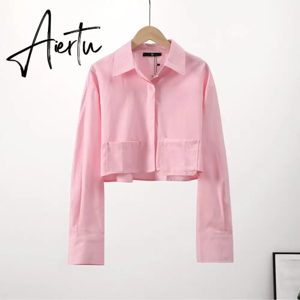 Women Lapel Pocket Short Shirt Elegant Long Sleeve Single Breasted Office Lady Tops  Summer Female Casual Striped Shirts Aiertu