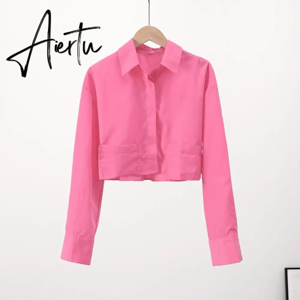 Women Lapel Pocket Short Shirt Elegant Long Sleeve Single Breasted Office Lady Tops  Summer Female Casual Striped Shirts Aiertu