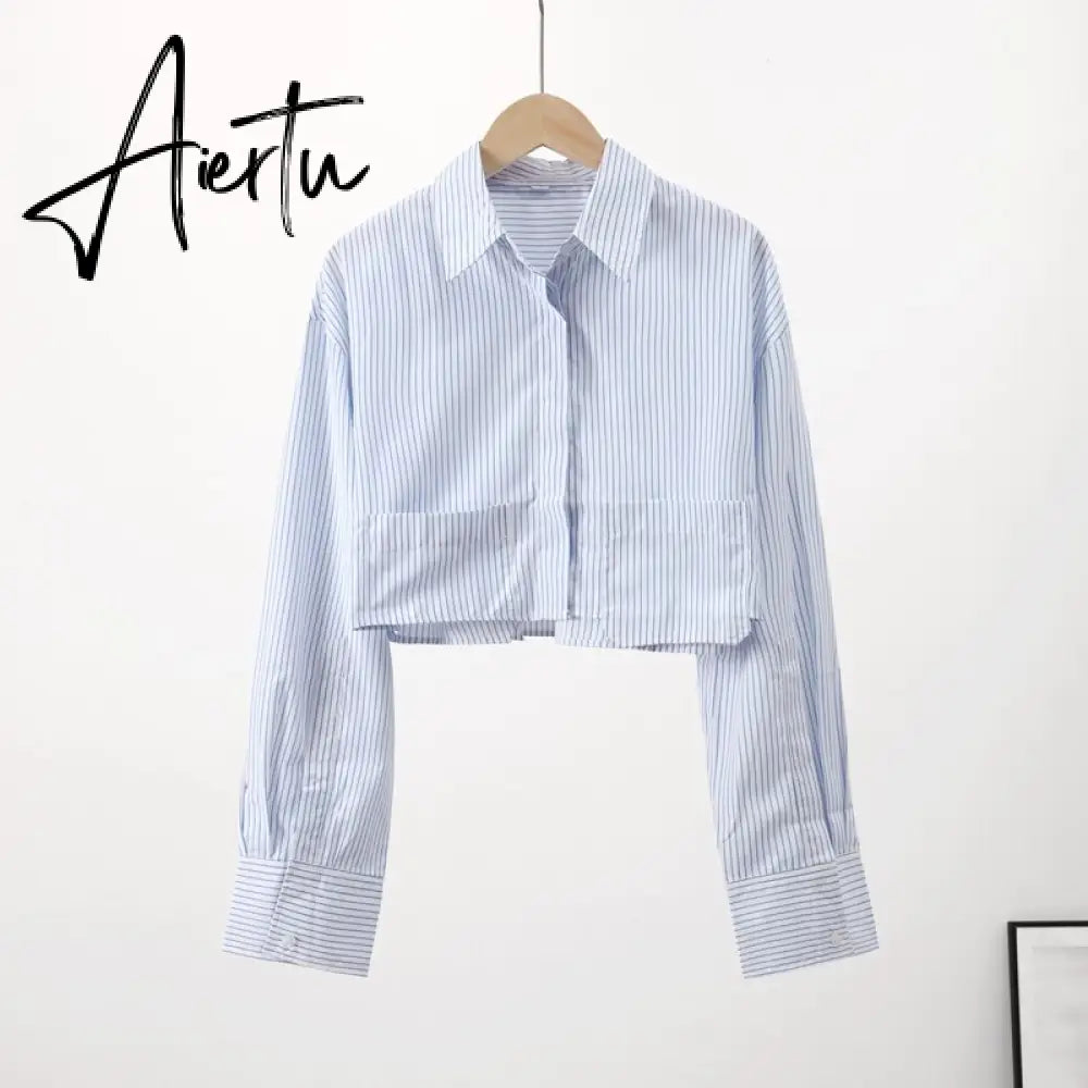 Women Lapel Pocket Short Shirt Elegant Long Sleeve Single Breasted Office Lady Tops  Summer Female Casual Striped Shirts Aiertu