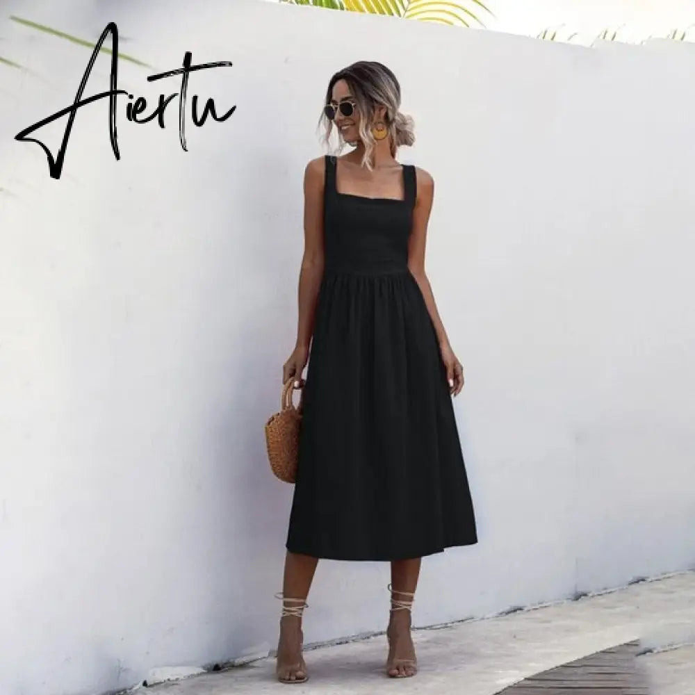 Women Long Dress Summer Sexy Backless Casual White Black Ruched Slip Midi Sundresses Ladies Strap Clothes For Women y2k Aiertu