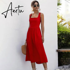 Women Long Dress Summer Sexy Backless Casual White Black Ruched Slip Midi Sundresses Ladies Strap Clothes For Women y2k Aiertu