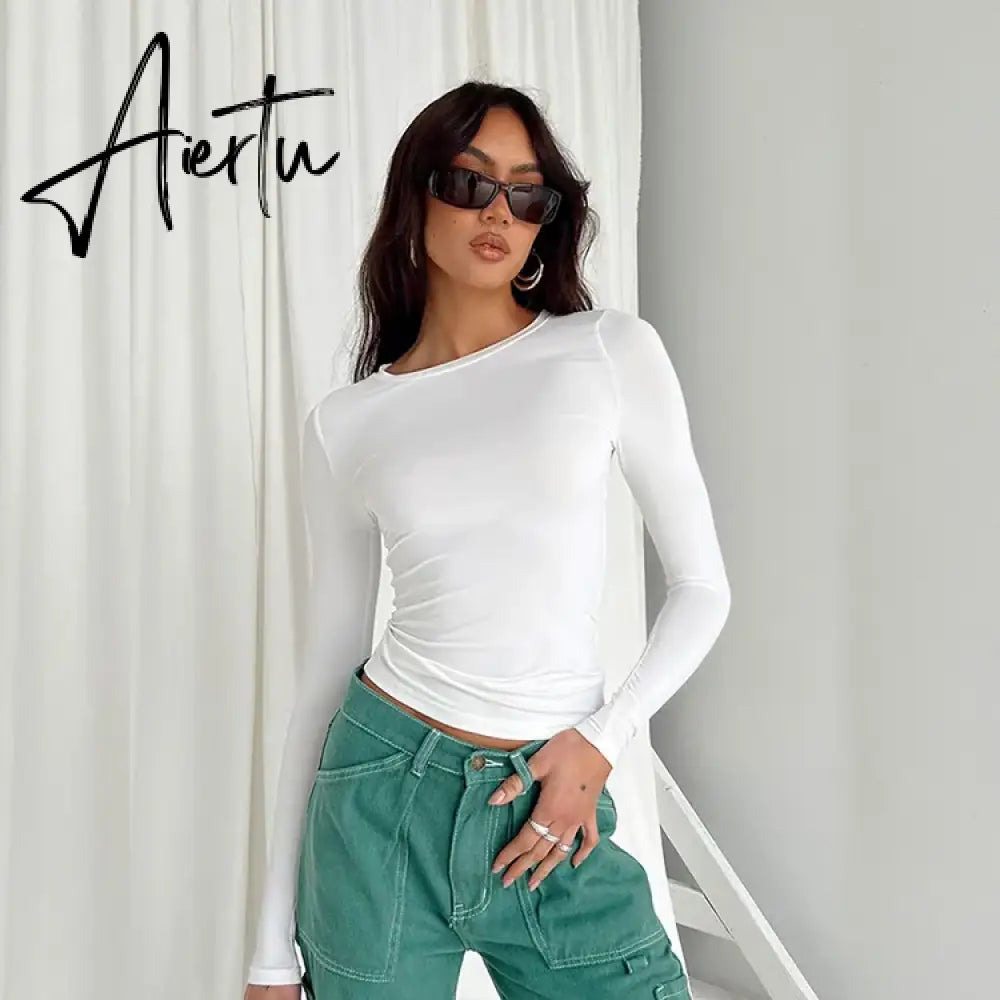 Women Long Sleeve T Shirt Spring Autumn Solid Slim Fit Casual Shirts Female Pullovers Basic Tee Y2k Clothes Streetwear Crop Tops Aiertu