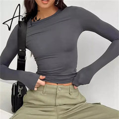 Women Long Sleeve T Shirt Spring Autumn Solid Slim Fit Casual Shirts Female Pullovers Basic Tee Y2k Clothes Streetwear Crop Tops Aiertu