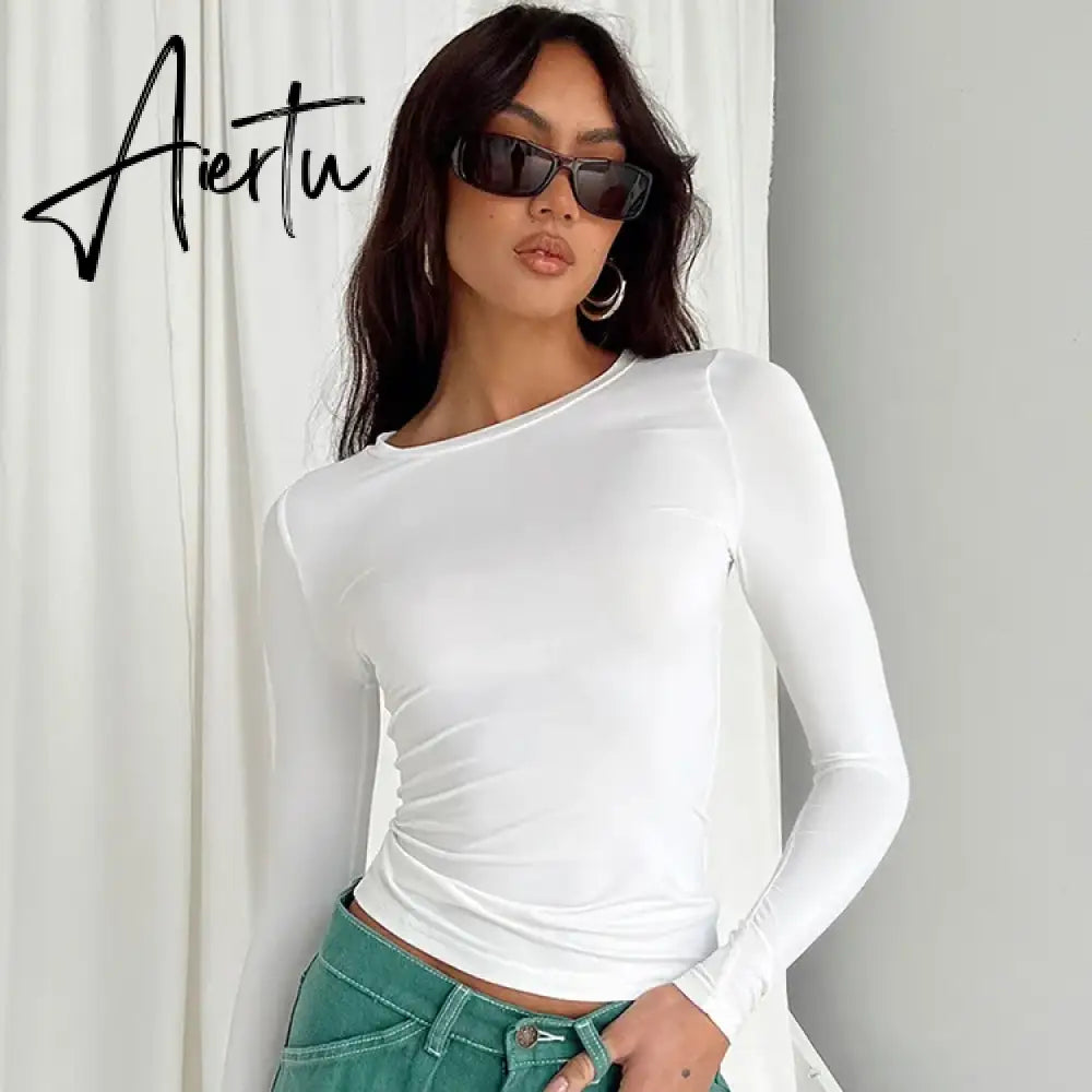 Women Long Sleeve T Shirt Spring Autumn Solid Slim Fit Casual Shirts Female Pullovers Basic Tee Y2k Clothes Streetwear Crop Tops Aiertu