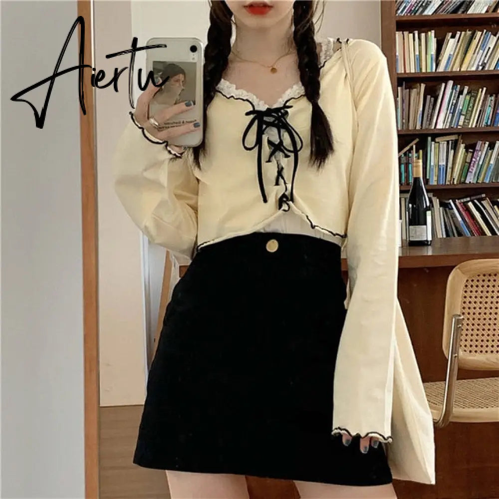 Women Long Sleeve T-shirts Lace-up Patchwork Ruffles Trendy Sweet Lovely Crop Tops Sexy Females Leisure Chic All-match Outwear Aiertu