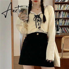 Women Long Sleeve T-shirts Lace-up Patchwork Ruffles Trendy Sweet Lovely Crop Tops Sexy Females Leisure Chic All-match Outwear Aiertu