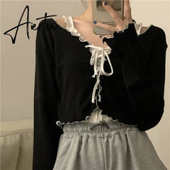 Women Long Sleeve T-shirts Lace-up Patchwork Ruffles Trendy Sweet Lovely Crop Tops Sexy Females Leisure Chic All-match Outwear Aiertu