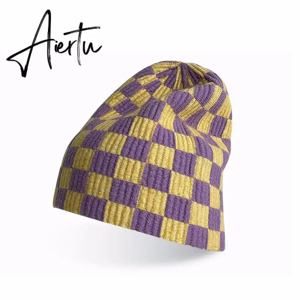 Women Men knitted Hat Hiphop Checkerboard Autumn Winter Korean Fashion Wool Cap Lovers Hat Warm Beanies Lattice Caps For Couple Aiertu