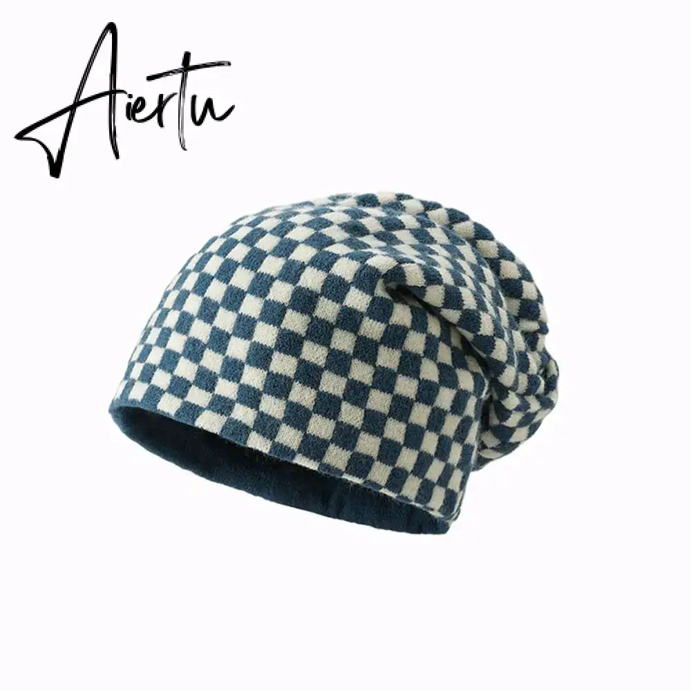 Women Men knitted Hat Hiphop Checkerboard Autumn Winter Korean Fashion Wool Cap Lovers Hat Warm Beanies Lattice Caps For Couple Aiertu