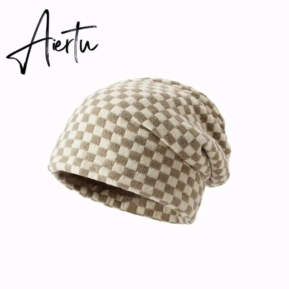 Women Men knitted Hat Hiphop Checkerboard Autumn Winter Korean Fashion Wool Cap Lovers Hat Warm Beanies Lattice Caps For Couple Aiertu