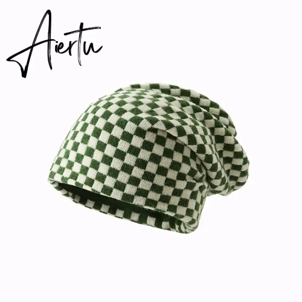 Women Men knitted Hat Hiphop Checkerboard Autumn Winter Korean Fashion Wool Cap Lovers Hat Warm Beanies Lattice Caps For Couple Aiertu