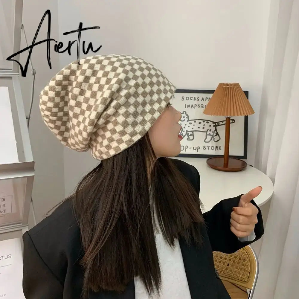 Women Men knitted Hat Hiphop Checkerboard Autumn Winter Korean Fashion Wool Cap Lovers Hat Warm Beanies Lattice Caps For Couple Aiertu