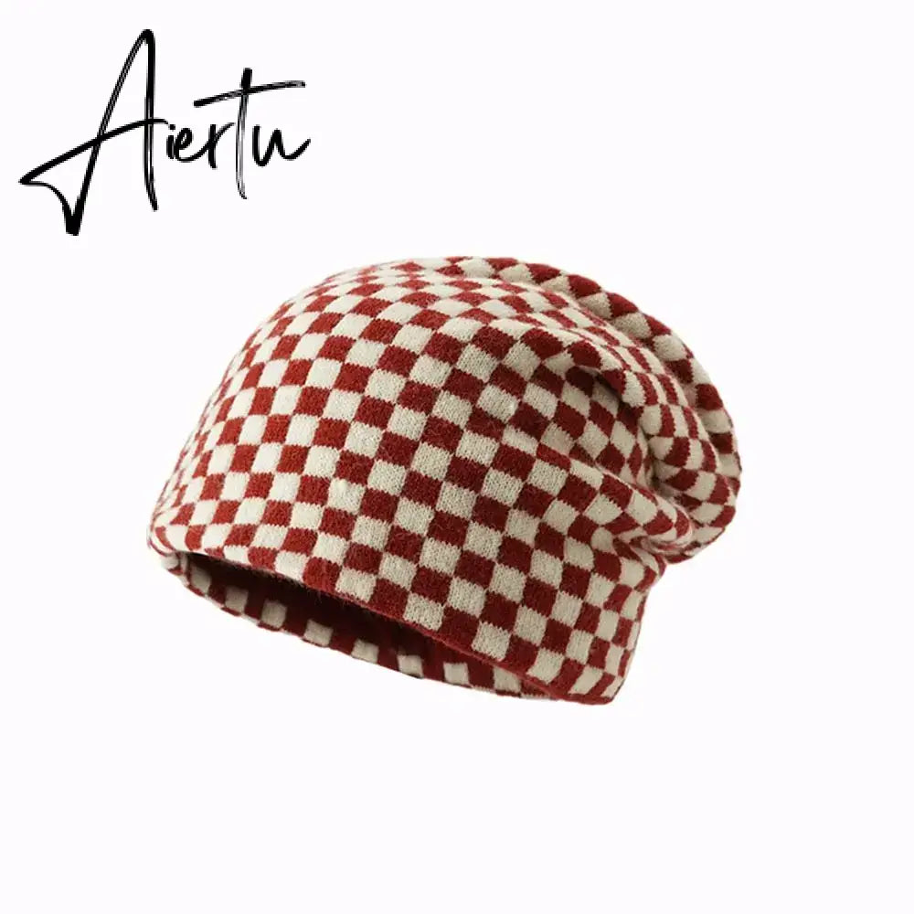 Women Men knitted Hat Hiphop Checkerboard Autumn Winter Korean Fashion Wool Cap Lovers Hat Warm Beanies Lattice Caps For Couple Aiertu