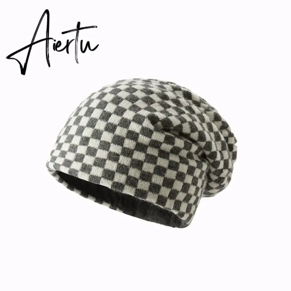 Women Men knitted Hat Hiphop Checkerboard Autumn Winter Korean Fashion Wool Cap Lovers Hat Warm Beanies Lattice Caps For Couple Aiertu