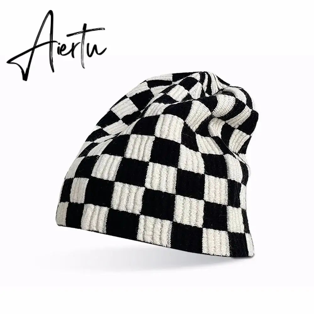Women Men knitted Hat Hiphop Checkerboard Autumn Winter Korean Fashion Wool Cap Lovers Hat Warm Beanies Lattice Caps For Couple Aiertu