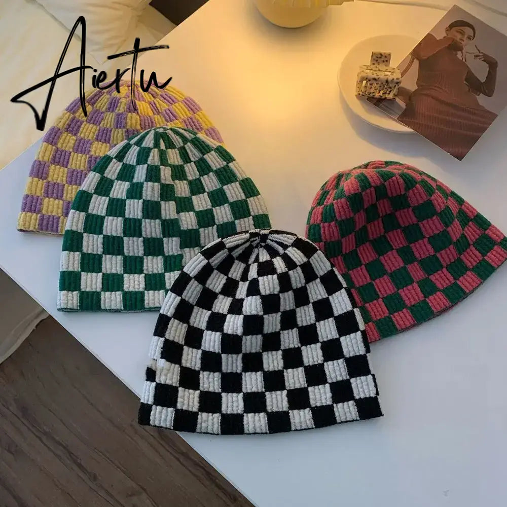 Women Men knitted Hat Hiphop Checkerboard Autumn Winter Korean Fashion Wool Cap Lovers Hat Warm Beanies Lattice Caps For Couple Aiertu